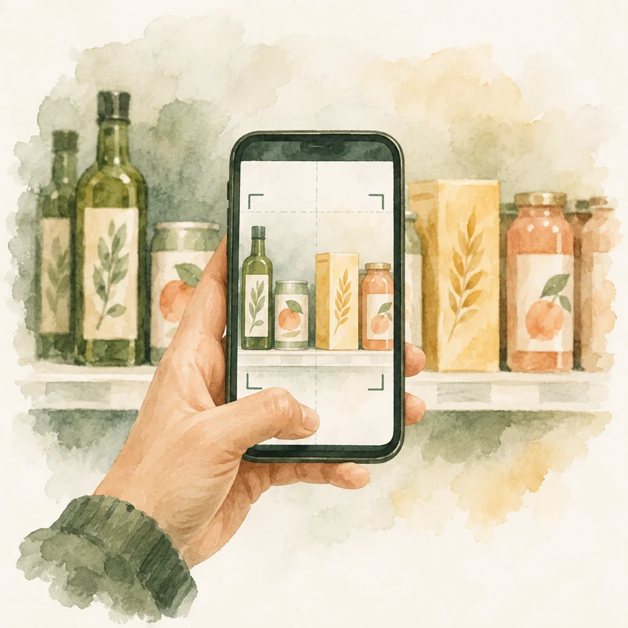Watercolor hand holding a phone to check products on a shelf.
