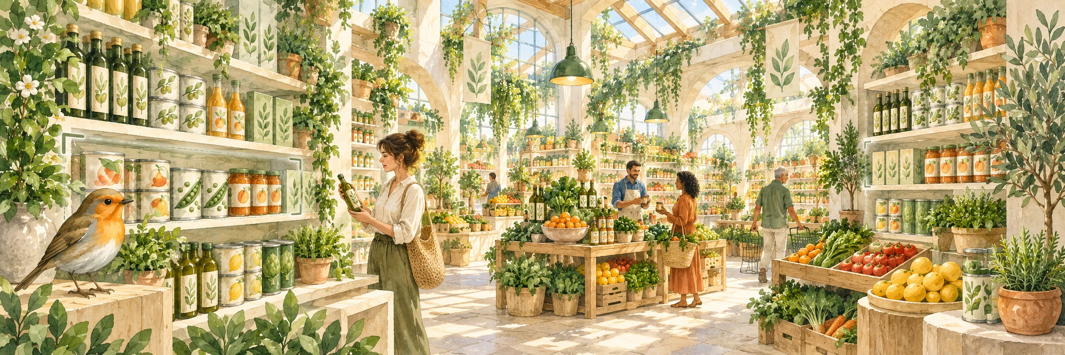 An orange robin watches over a sunlit watercolor market, with leafy arches, orderly grocery shelves, and people shopping together.
